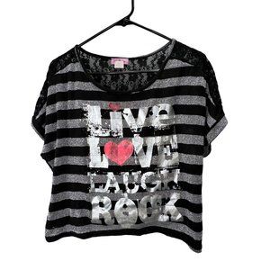 Miss Popular Lace Back Metallic Stripe Top Shirt Glam Rock Silver Black XL Y2K